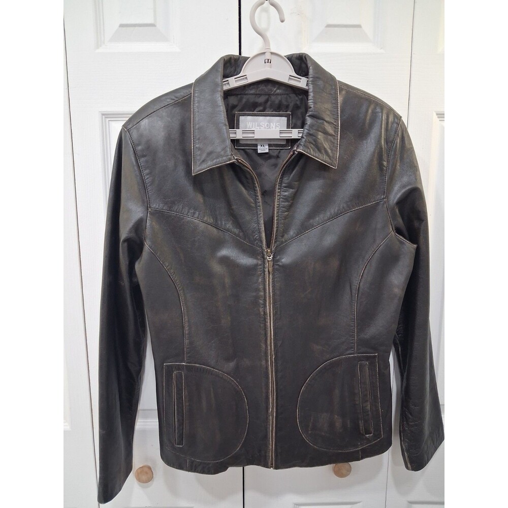 Vintage 90s Wilsons Leather Maxima Black Jacket Zipper Western Chevron Yoke XL